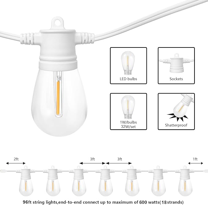 SUNTHIN White Outdoor String Lights, 96FT White Patio Lights with 32 Shatterproof LED Bulbs for Garden, Backyard, Porch, Cafe, Deck, Wedding, Party, Gathering