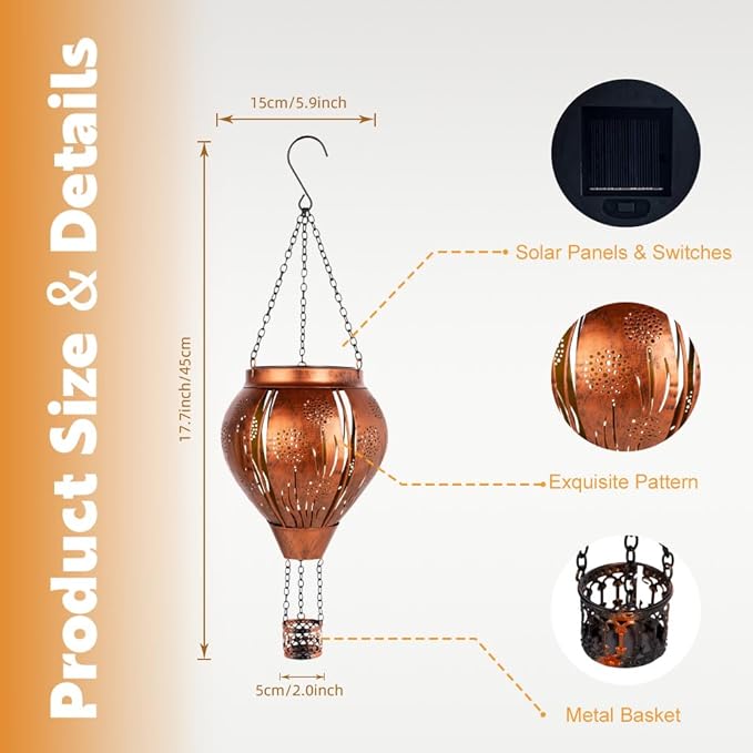 Hot Air Balloon Solar Lantern, Dandelion Hollow Out Solar Powered Hot Air Balloon Lantern Outdoor Waterproof, Copper Hanging Hots Airs Balloons Solars Light for Outdoor Patio Garden Decor