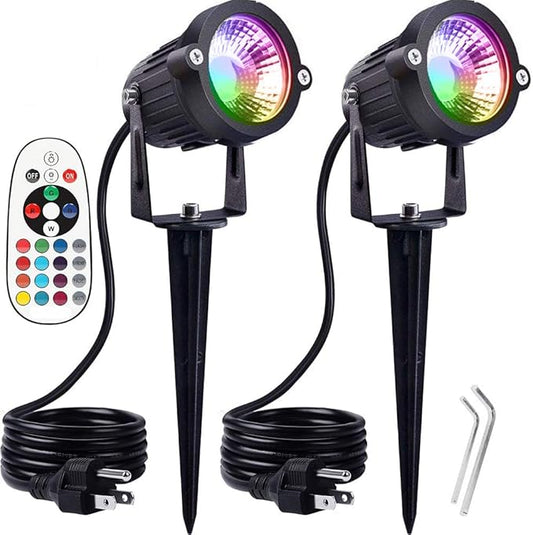 Pack of 2, Outdoor LED Landscape Lights Waterproof Spotlight with Spike Stand and Plug for Driveway, Outdoor Lawn Lighting, Flood Garden, Yard (6W Plug RGB)
