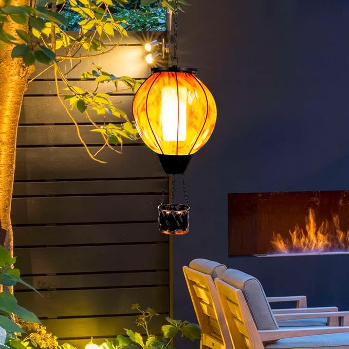 Hot Air Balloon Solar Lanterns with Flickering Flame Light,Glass Hanging Solar Lanterns Outdoor Waterproof Hot Air Balloon Light for Patio Yard Garden Decor Mother Day Gifts for Women(Yellow)