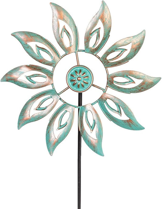 VEWOGARDEN Metal Flower Wind Spinners Outdoor, Garden Kinetic Wind Sculptures & Spinners for Yard Lawn Patio Decorations, Light Green