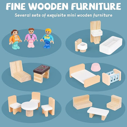 Wooden Dollhouse for Kids, Wood Doll Houses,Three-Story Dollhouse with Furniture & Accessories, DIY Pretend Play House with 3 Toy Figures, Gift for Toddlers & Young Girls Boys
