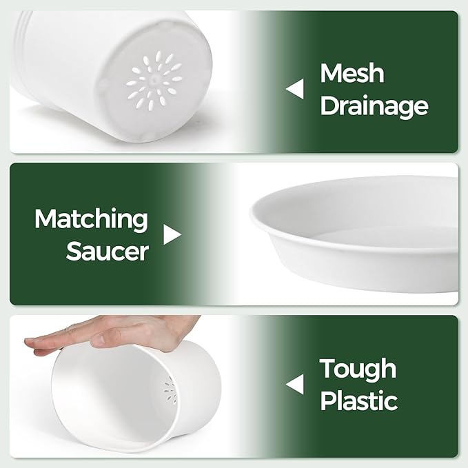 T4U 4 Inch Plant Pots 18-Pack - Small Plastic Planter with Drainage Hole and Saucer, Decorative Nursery Flower Pot Bulk for African Violet, Snake Plant, Succulent and All House Plants Indoor