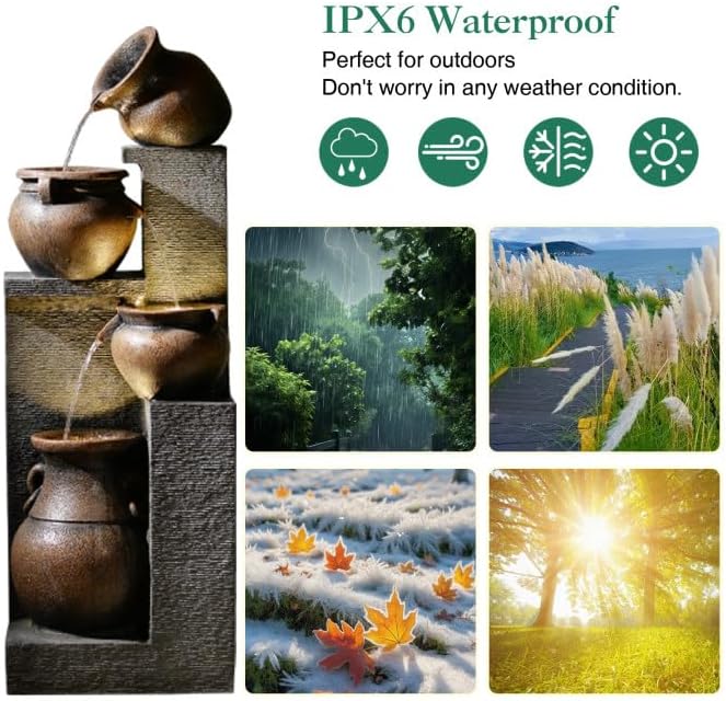 53" H Large Water Fountain Outdoor-The 4 Cascading Modern Feature Crocks Garden Fountains and Waterfalls with Warm Lights for Porch, Deck, Patio, Backyard Home Décor (Gray)