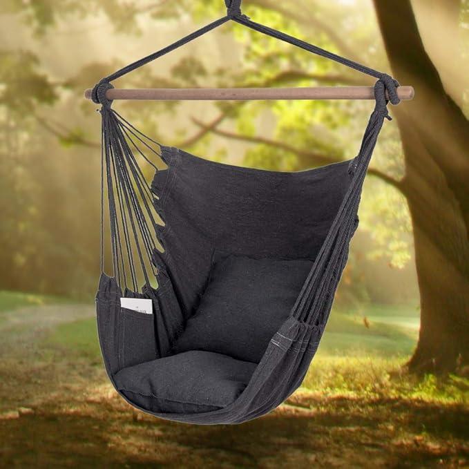 Y- Stop Hammock Chair Hanging Rope Swing Chair, Max 500 Lbs, 2 Seat Cushions Included, Removable Steel Spreader Bar with Anti-Slip Rings, Hardware kit-for Indoor or Outdoor(Dark Grey)