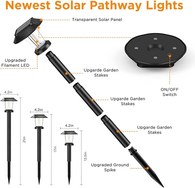 Solar Pathway Lights Outdoor - 8 Pack Solar Powered Garden Lights Waterproof, Decor Landscape Lighting with Three Lighting Modes for Yard, Lawn, Walkway, Driveway, Warm White