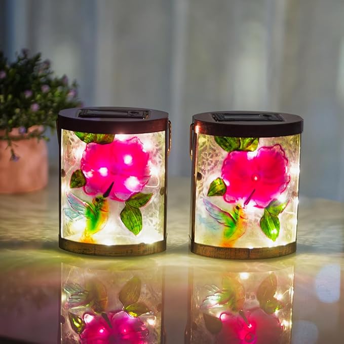 2 Pack Hummingbird Hanging Solar Lanterns Outdoor Waterproof LED Light Tabletop Glass Solar Lantern for Garden Patio