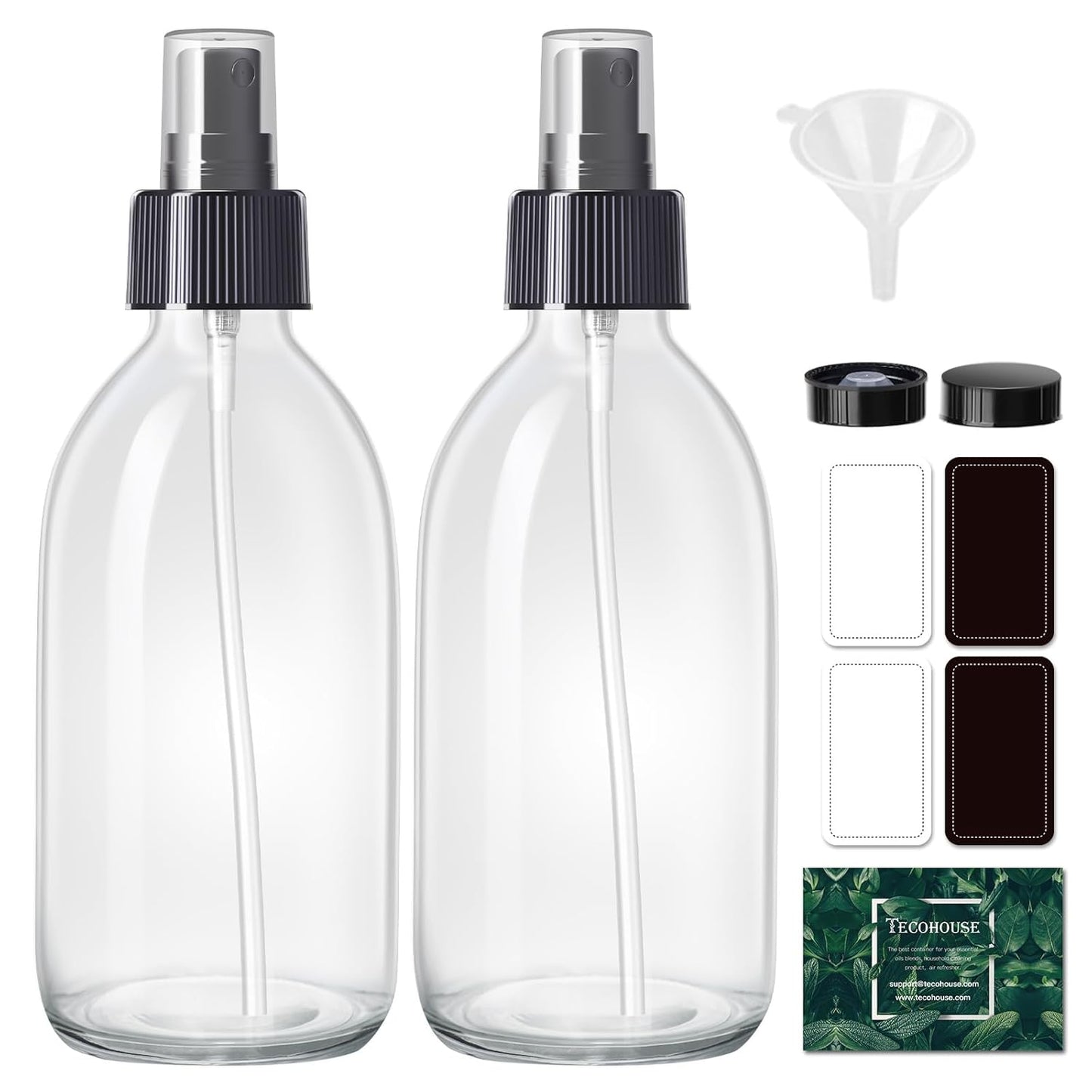 Tecohouse 2 Pack Glass Spray Bottles, 250ml Small Glass Bottles for Cleaning Solutions, Spray Bottles for Essential Oils, Plants, with Durable Nozzle, Labels, Funnel - Clear