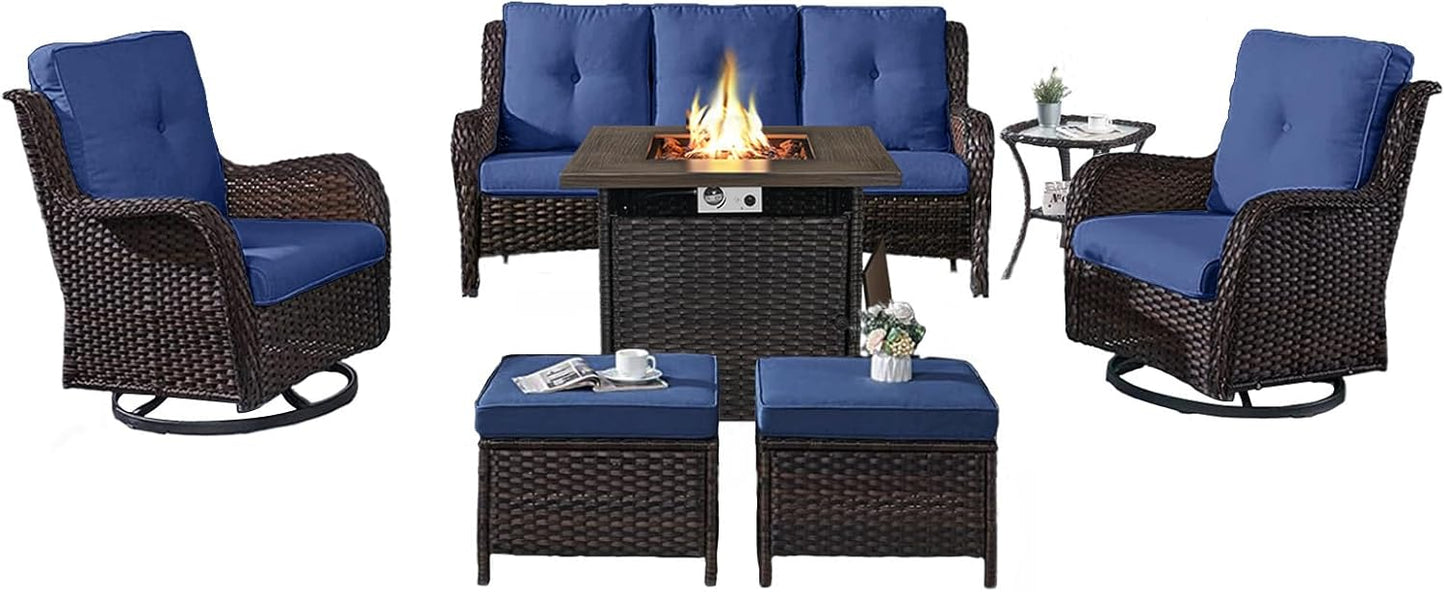 Outdoor Patio Furniture Set with 50000BTU Propane Fire Pit Table, 7 Pieces Wicker Patio Conversation Set with 2 Swivel Glider Rocker Chairs Rattan Sofa Blue Cushion Perfect for Casual Gathering