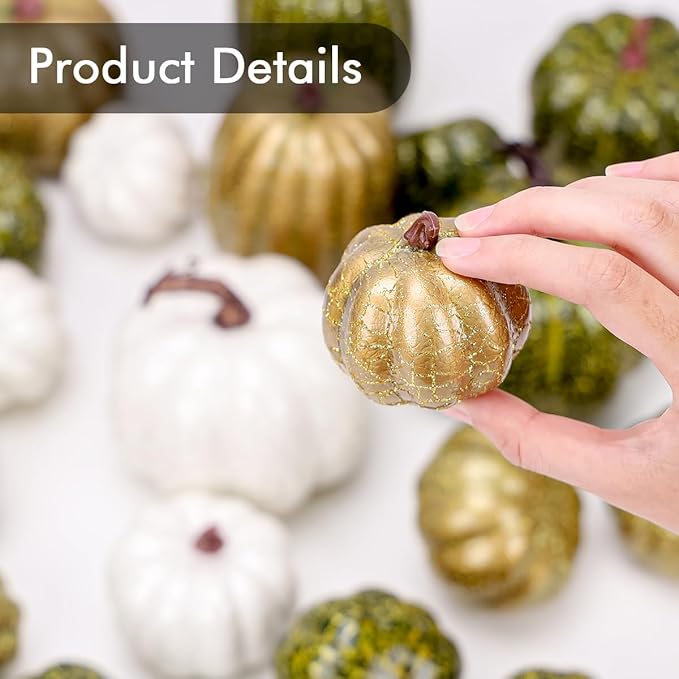 9 Pcs Pumpkins for Decorating,Fall Decorations,Artificial Foam Pumpkin for Autumn Harvest Thanksgiving Halloween Table Decor (Green&White&Gold)