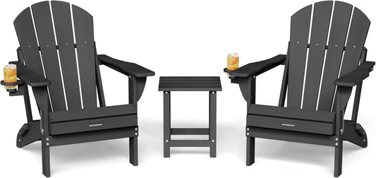 MUCHENGHY Folding Adirondack Chairs and Table Set, Outdoor Chair, Adirondack Chair Plastic, Fire Pit Chair, Weather Resistant with Cup Holder for Deck, Backyard, Garden(Black, 3-Piece)