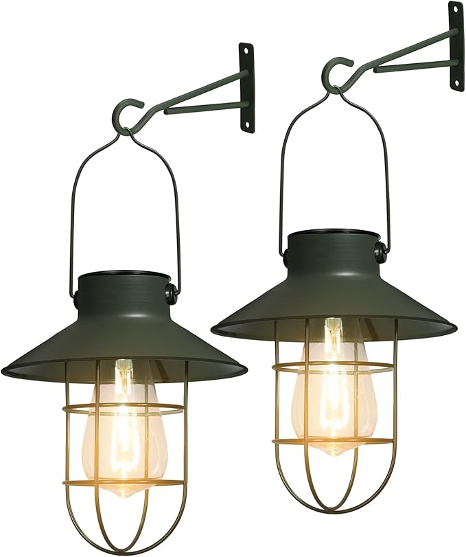 pearlstar Solar Lanterns Outdoor Metal Solar Powered Hanging Lights Waterproof for Wall Barn Yard Garden Patio Garage Balcony Porch Fence Decor, Warm White Edison Bulb (Green-2pack)