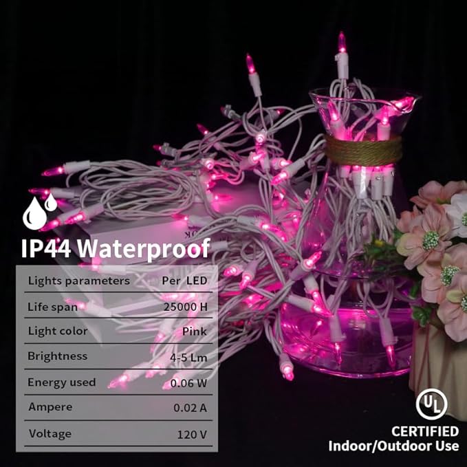 Pink LED Christmas Lights - 100 Count Pink Christmas String Lights for Tree, Party, Bedroom, Wedding, Indoor and Outdoor Valentines Day Decorations, 33 Feet White Wire, UL Certified, Connectable