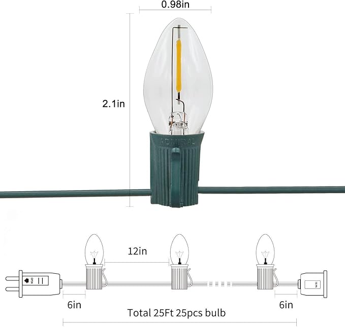 C7 Clear LED Christmas Lights, C7 Clear Christmas String Lights with 27 Clear LED Bulbs (Plus 2 Extra Bulbs) for Christmas Holiday Season Party Indoor&Outdoor Patio Backyard Decoration (25Ft, Clear)