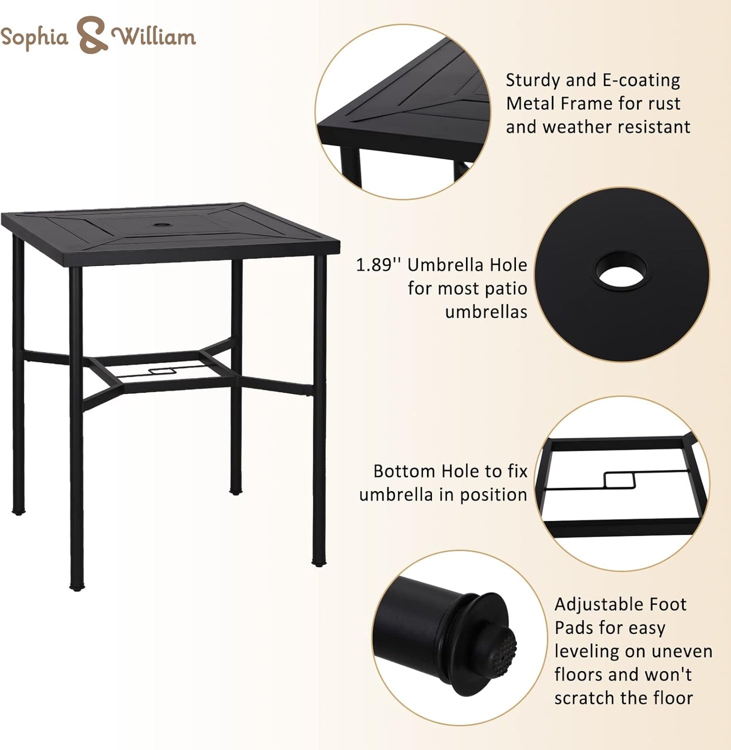 Sophia & William Patio Bar Stools Set 3 Pieces Outdoor Bistro Set, 2 Swivel Bar Chairs and 1 Square Bar Height Table, All-Weather Metal Furniture Set with Red Cushion and Umbrella Hole