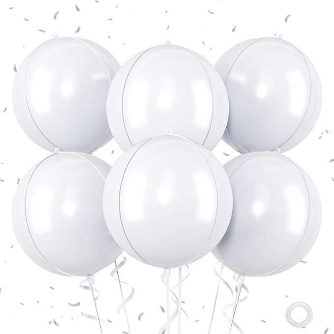 Giant 4D Foil Balloons, 6Pcs Large Metallic White Round Balloons, 22 Inch Big Round Foil Balloon for White Birthday Party Baby Shower Wedding Decorations