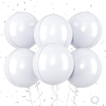 Giant 4D Foil Balloons, 6Pcs Large Metallic White Round Balloons, 22 Inch Big Round Foil Balloon for White Birthday Party Baby Shower Wedding Decorations