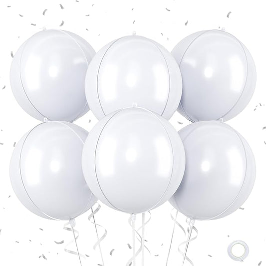 Giant 4D Foil Balloons, 6Pcs Large Metallic White Round Balloons, 22 Inch Big Round Foil Balloon for White Birthday Party Baby Shower Wedding Decorations