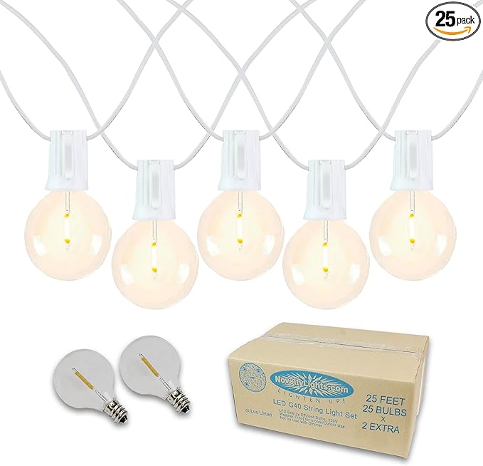 Novelty Lights 25 Feet G40 LED Patio String Lights with 25 Bulbs, Warm White, Weather Resistant and Shatterproof Replaceable Plastic Globe Bulbs, White Wire