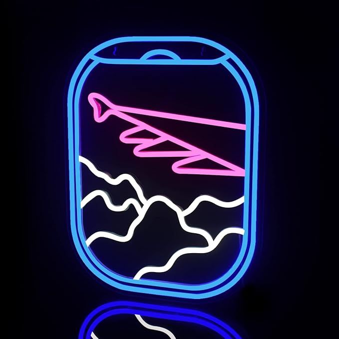 WLHOPE Airplane Window View Neon Signs Blue Pink LED Neon Sign for Wall Decor, USB Plane Window Clouds Neon Light Up Signs for Bedroom Living Room Game Room Office Shop Airport Wall Art Decor