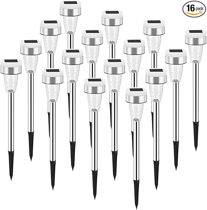 TWINSLUXES 16 Pack Solar Outdoor Lights, Dual Light Source LED Pathway Lights Solar Powered, Stainless Steel Waterproof Solar Garden Lights Decoration for Garden Patio and Walkway, Cool Warm