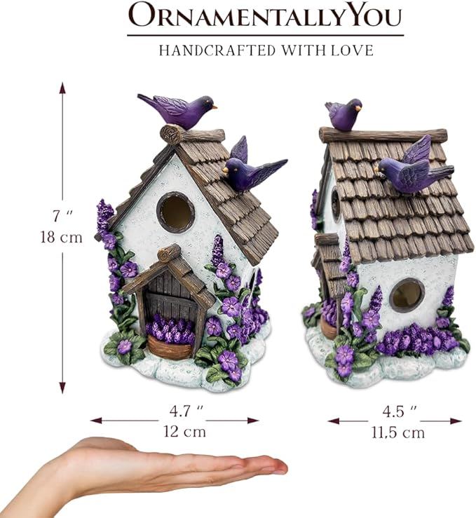 Spring & Summer-Themed Garden Statues – Adorable Outdoor Decor for Lawn, Patio & Porch (Lovely Floral Lavender Bird House Figurine, 7" Novelty Cottage Garden Decor)