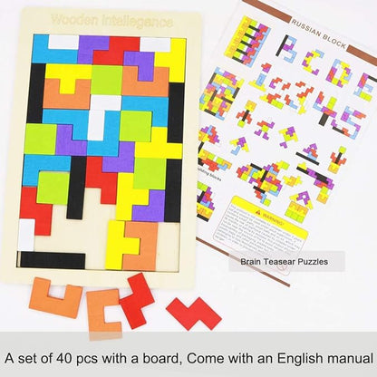 2 Pack Wooden Russian Blocks Puzzle + Hexagon Puzzles for Kids & Adults, Wooden Block Puzzle Intelligence Brain Teasers Toy Logic Game STEM Educational Gift for Children