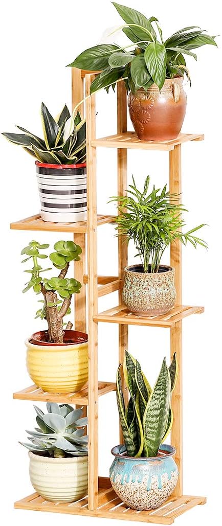 Bamboo 5 Tier 6 Potted Plant Stand Rack Multiple Flower Pot Holder Shelf Indoor Outdoor Planter Display Shelving Unit for Patio Garden Corner Balcony Living Room
