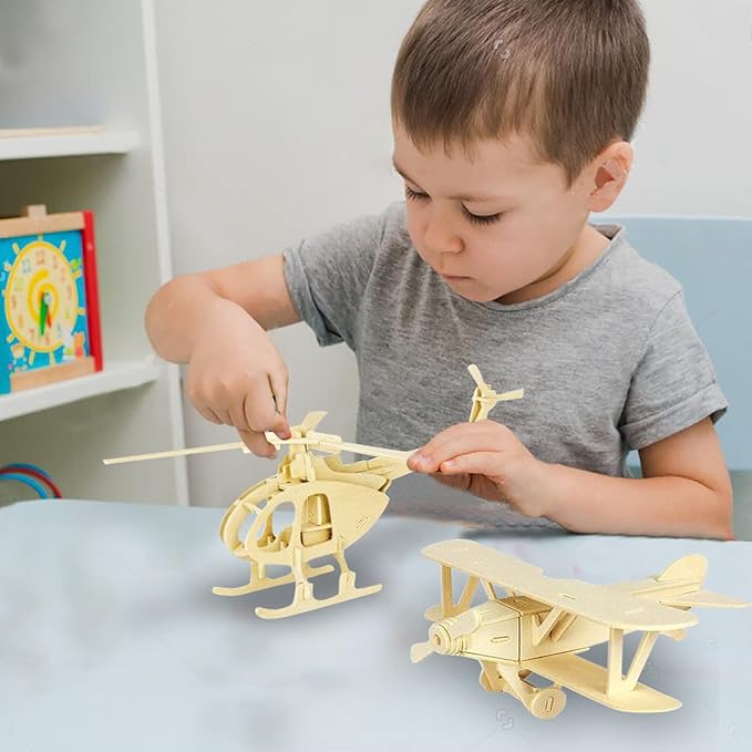 Georgie Porgy 2 Packs of 3D Wooden Puzzles, DIY Models Kits for Kids, Dinosaur Animal Airplane Car Woodcraft Construction Toy DIY Projects (Biplane Helicopter)