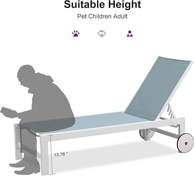 PURPLE LEAF Outdoor Chaise Lounge Set of 4 White Aluminum Lounge Chair Outdoor with Wheels Five-Position Adjustable Patio Lounge Chair for Pool Deck Yard, Steel Blue