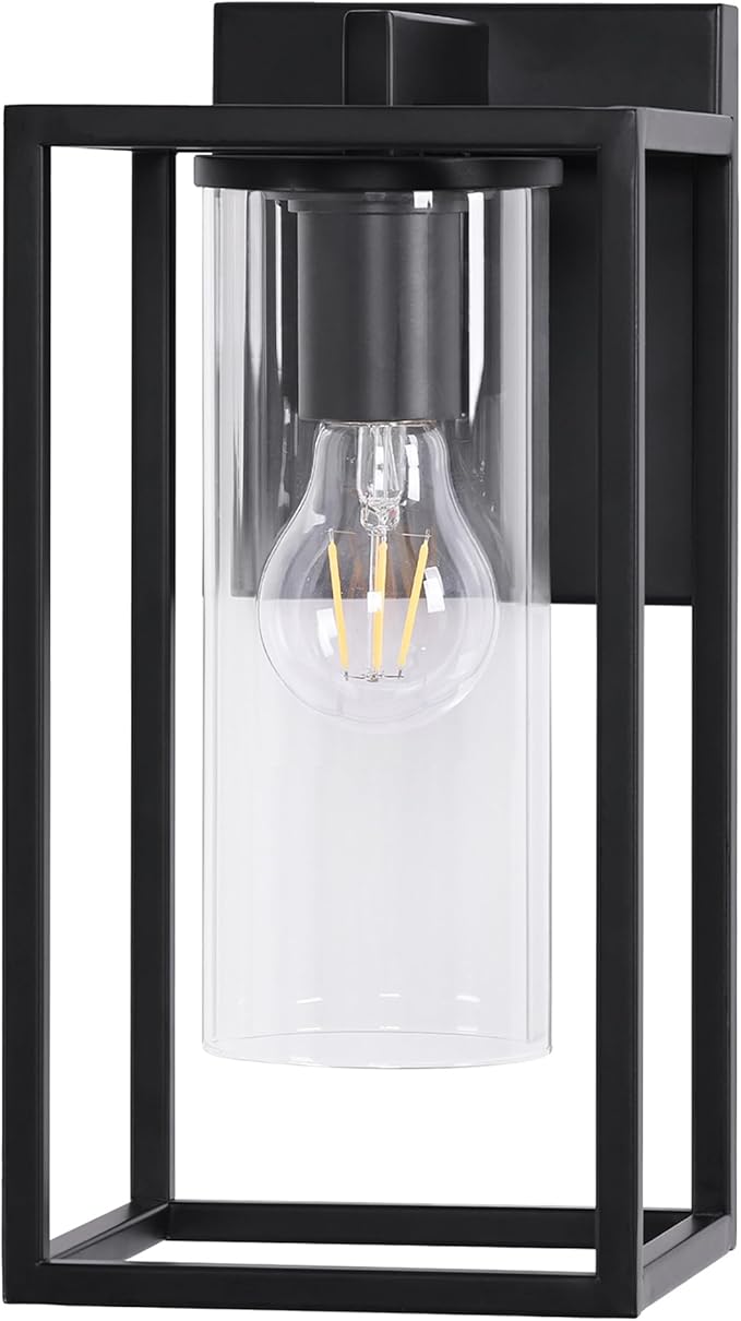 Pia Ricco Outdoor Wall Lights, Outdoor Wall Lantern with Circular Clear Glass Shade, Waterproof Exterior Lighting Fixtures, Modern Front Porch Lighting for House, Garage, E26 Base, ETL Listed, Black