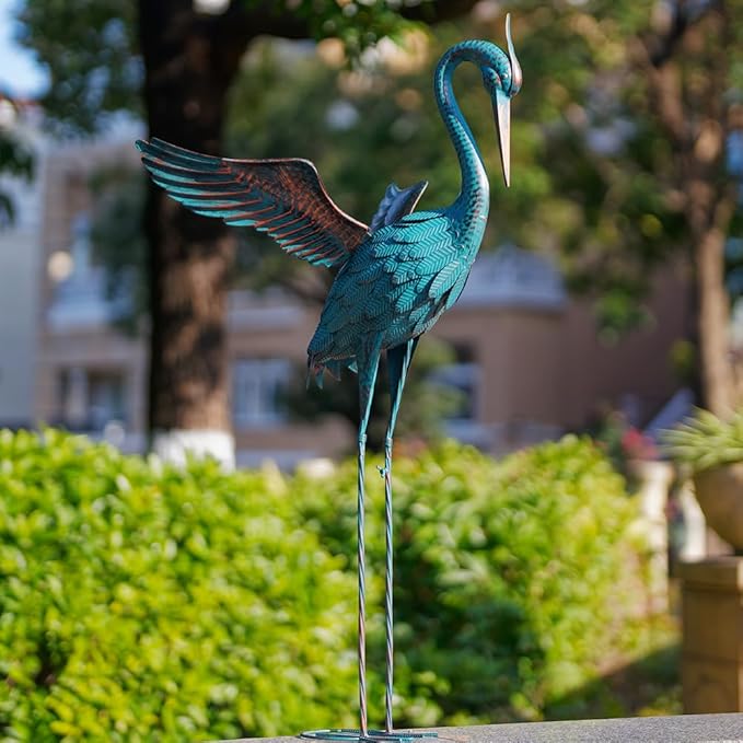 44'' Blue Heron Garden Statue, Large Crane Outdoor Statue, Crane Metal Yard Art for Outside Backyard, Pond, Patio, Lawn Decor
