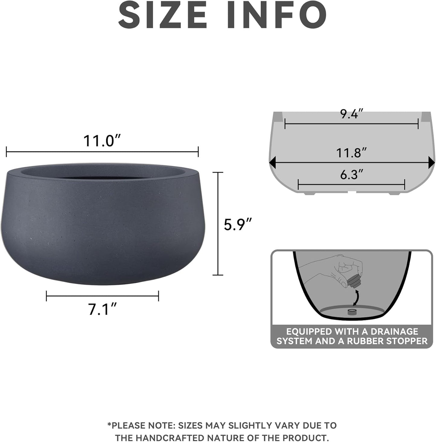 Kante 11.8" Dia Round Concrete Planter, Cement Plant Pots with Drainage Hole and Rubber Plug for Outdoor Indoor Garden Home, Modern Curvaceous Design, Dark Gray