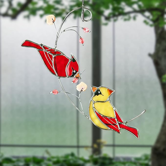 Cardinal Suncatchers Stained Glass for Window Hangings, Cardinal Sun Catchers Gifts for Women, Red Birds Sun Catchers for Christmas Dec, Cardinal Window Suncatcher Ornament