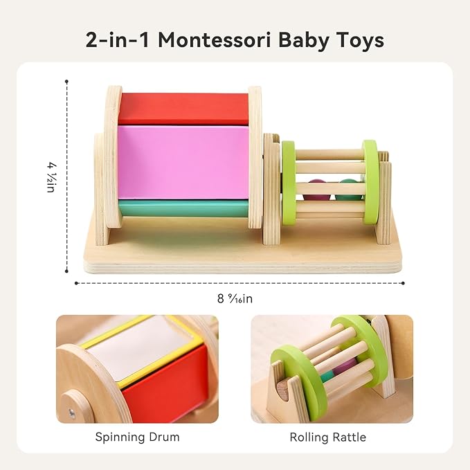2-in-1 Montessori Baby Toys | Wooden Spinning Drum & Rolling Rattle Combo for 3 6 12 Months | Sensory Development Toys with Mirror, Bells & Tummy Time Play | ASTM Certified Gift (Girl/Boy)