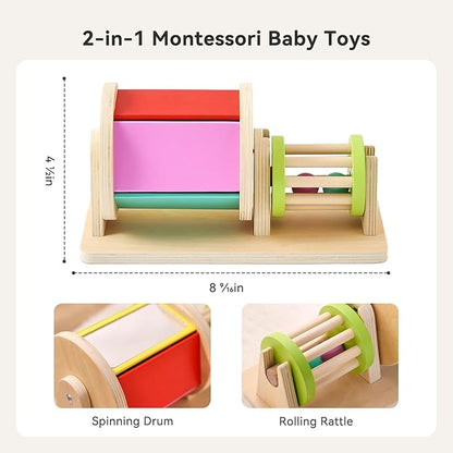 2-in-1 Montessori Baby Toys | Wooden Spinning Drum & Rolling Rattle Combo for 3 6 12 Months | Sensory Development Toys with Mirror, Bells & Tummy Time Play | ASTM Certified Gift (Girl/Boy)