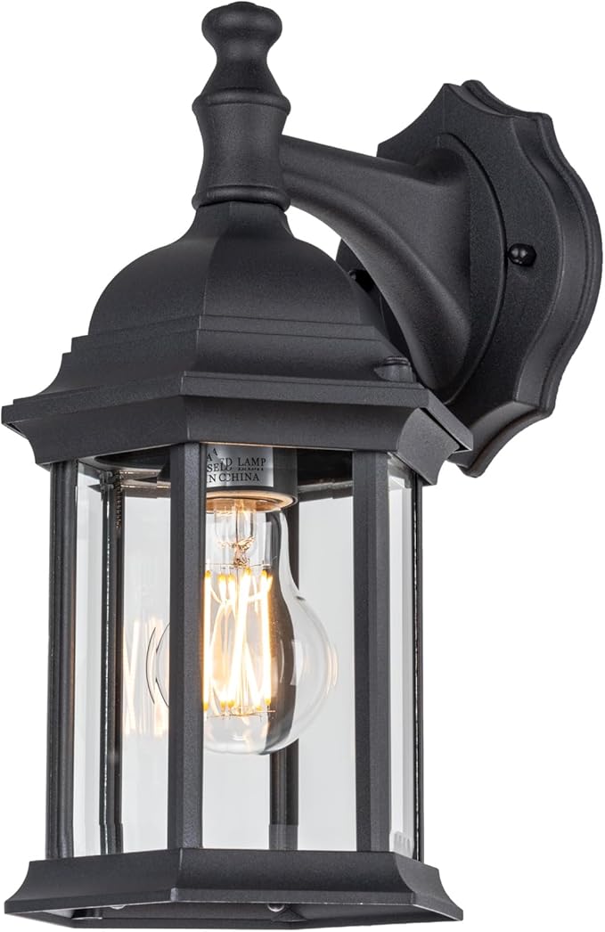 LIT-PaTH Outdoor Wall Lantern, Wall Sconce as Porch Lighting Fixture, E26 Medium Base Max 60W, Aluminum Housing Plus Glass, Matte Black Finish, 1-Pack