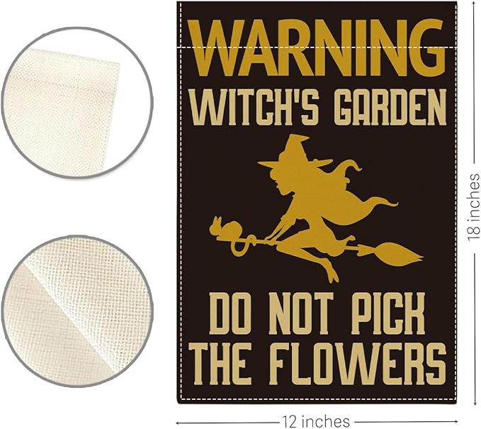 Witch's Funny Garden Flag Do Not Pick the Flowers Sign Plant Lover Gift Small Double Sided Burlap art Stained Glass Style Garden Flags 12 x 18 Inch for Outside