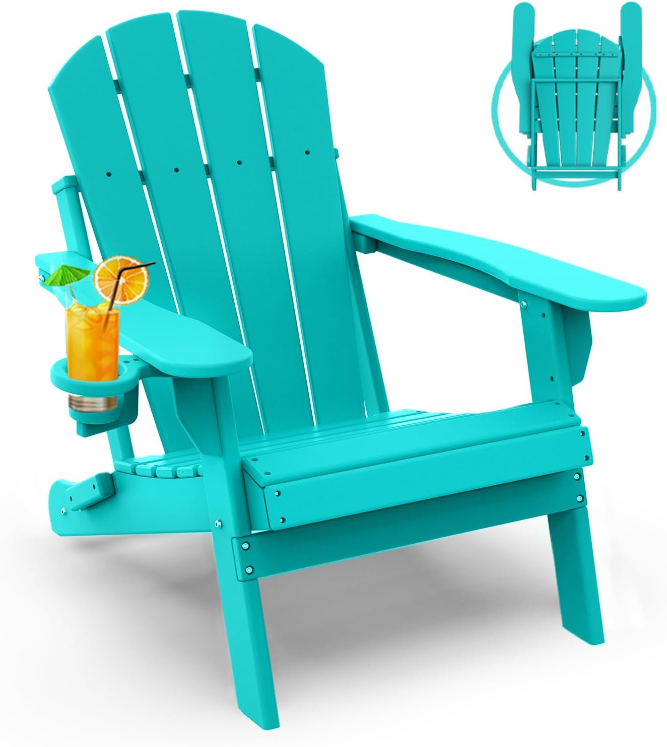 GREENVINES Folding-Adirondack-Chair | HDPE Plastic | Fire Pit Chairs | All Weather | Cup Holder | Aqua | for Deck Backyard Patio Outdoor Garden