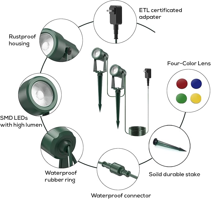 ZYAN 4 Pack Outdoor Landscape Lighting with 4 Colorful Lens and Power Supply, Green Shell