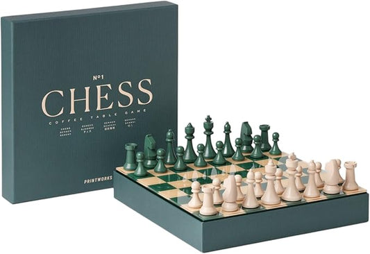Printworks Classic Chess – Green Wooden Chess Set with Acrylic Board – Stylish Coffee Table Game for Adults & Kids Ages 5+ – Multilingual Instructions Included