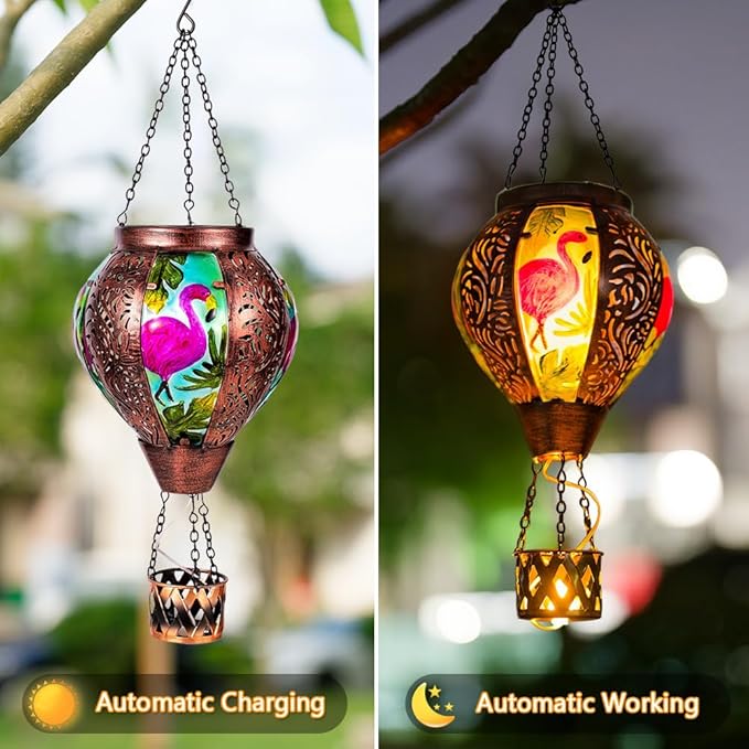 Flamingo Hot Air Balloon Solar Lanterns Outdoor Waterproof,Metal Garden Decor Solar Hot Air Balloon Lantern with Flame Flickering Lights for Patio,Porch,Yard Decor Mother Day Gifts for Women