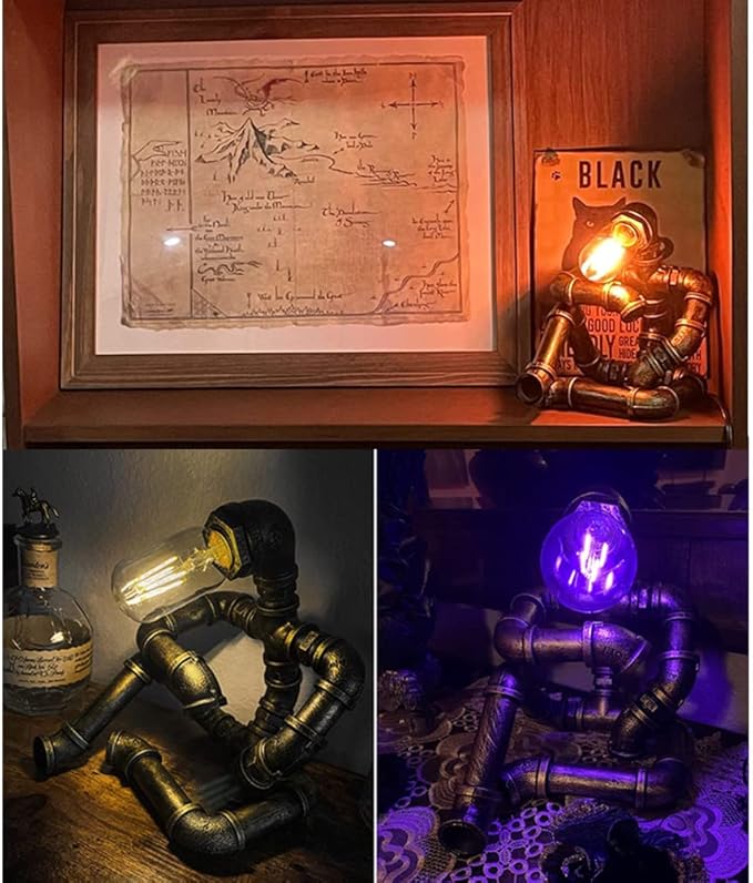 Steampunk Table Robot Lamps with 2 Bulbs,Retro Industrial Robot Desk Lamps Water Pipe Light for Office,Bedroom,Living Room in Bronze