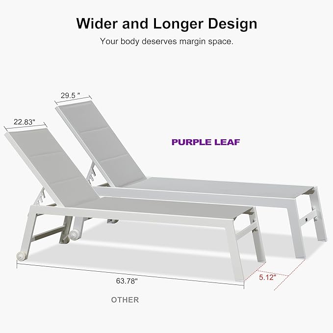 PURPLE LEAF Outdoor Chaise Lounge Set Oversize Adjustable Sunbathing Recliner Extra Wide Lounge Chairs with Side Table for Poolside Beach Outside Patio Aluminum Chaise Lounger Cream 2 Sets