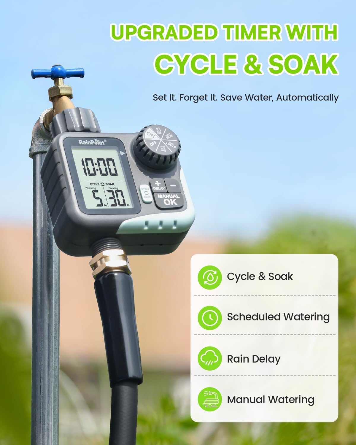 RAINPOINT Sprinkler Timer - Cycle & Soak Water Timer for Garden Hose with Rain Delay/Automatic Watering/Manual Watering, Programmable for Lawn, Yard, Irrigation System, Outdoor