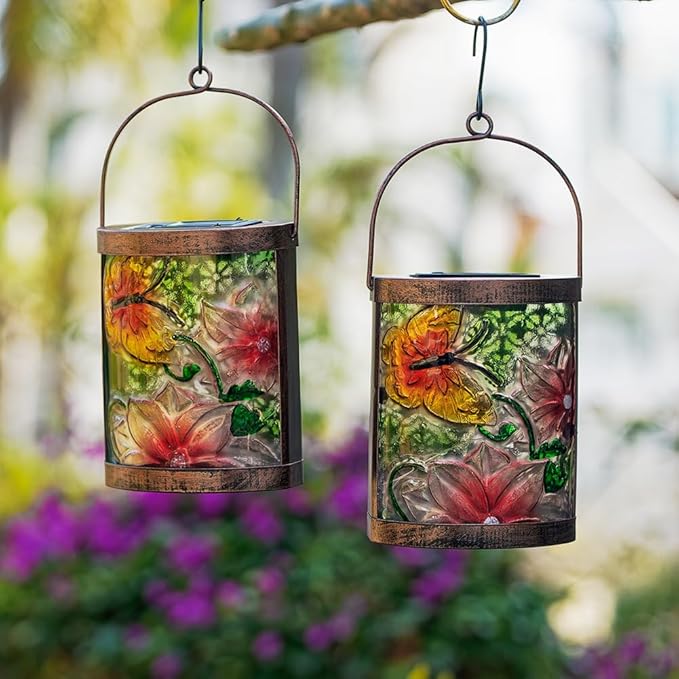 2 Pack Butterfly Solar Lanterns Outdoor Waterproof LED Hanging Solar Lights for Outside Tabletop Lamp for Garden Patio Decor