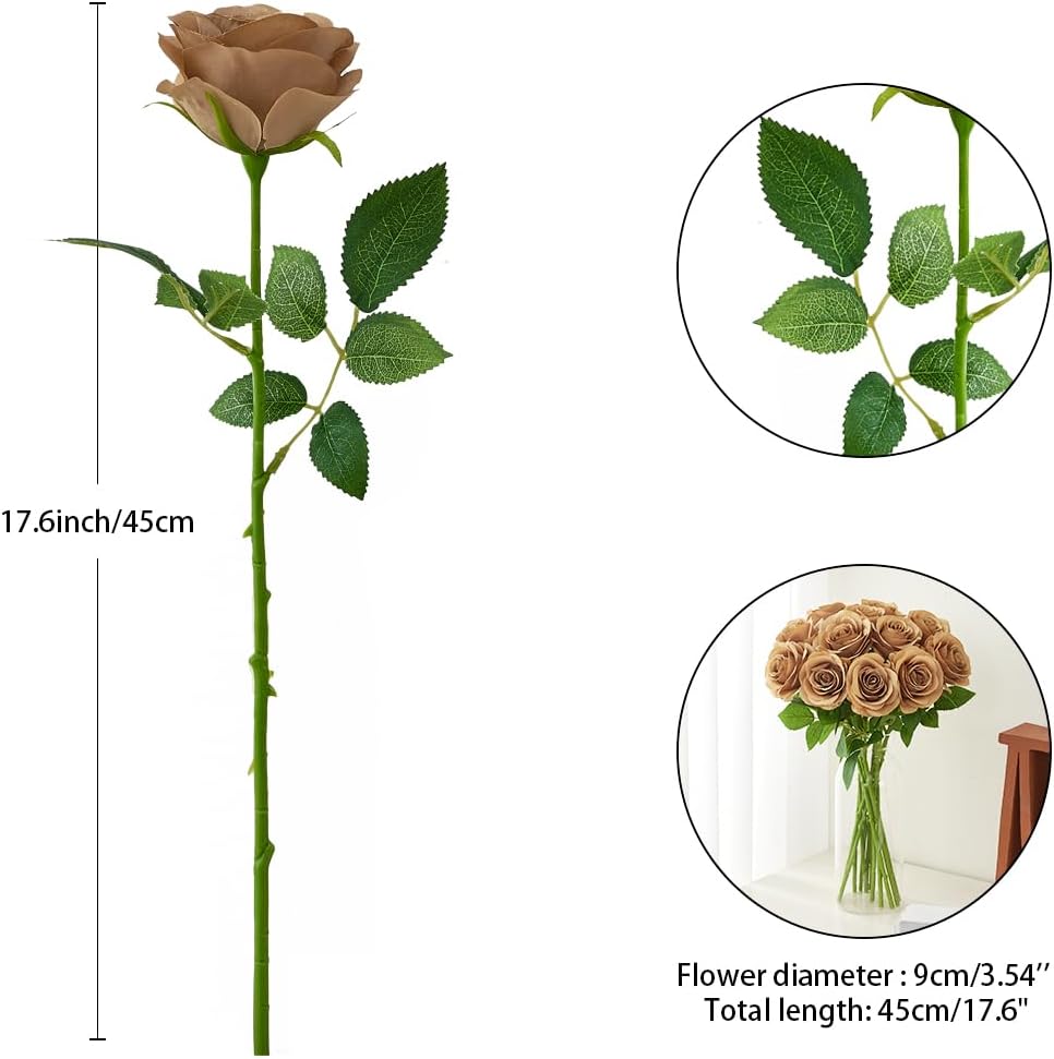 12pcs Coffee Roses Artificial Flowers Fake Roses Silk Flowers Roses with Long Stems for Wedding Home Party Centerpieces Decorations