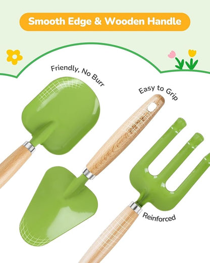 Kids Gardening Set Toys, Quality Garden Tool Kit for Kids and Toddlers, Includes Two Shovels, Garden hat,Rake, Apron,Gloves, Watering Can, and Tool Bag (Green)