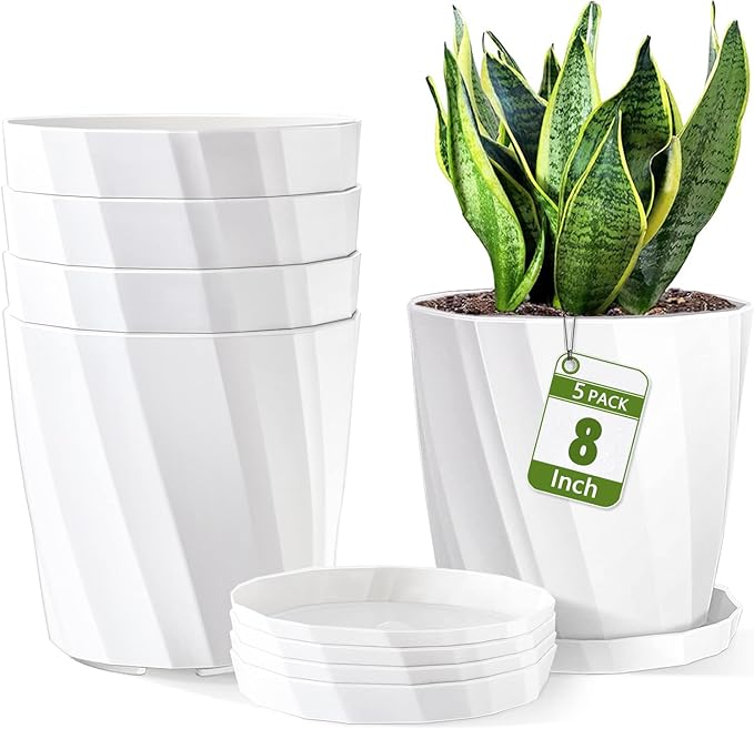 8 Inch Plant Pots with Drainage Holes and Saucers - Flower Pots for Indoor Plants - White Plastic Planters for Outdoor Plants - House Planting Pots Set