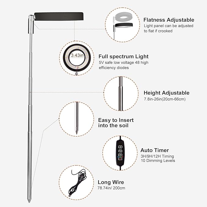 Grow Lights for Indoor Plants Small Potted - Full Spectrum, Auto 3/9/12H Timer, 10-Level Dimming & Adjustable Height - Compact Grow Light for Succulents, Herbs, Foliage in Home/Office (Black,2PACKS)